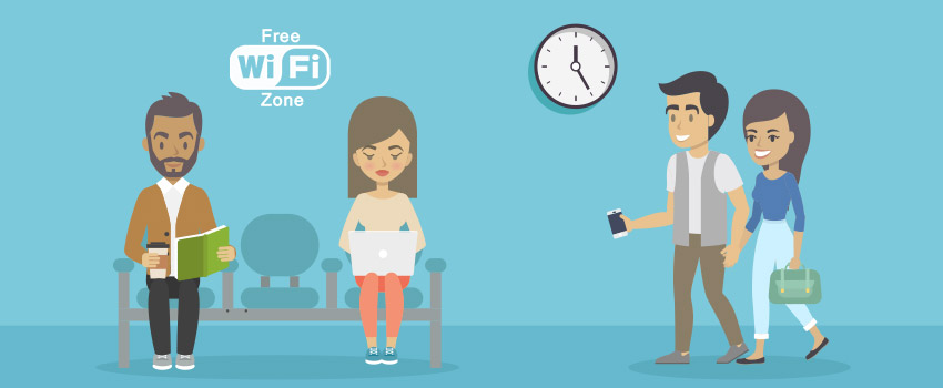 People looking for wi-fi in airport / flat design - ASAPtickets travel blog