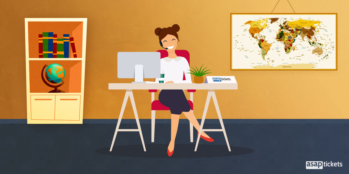 A female travel agent sitting at a desk wearing a headset with a computer and a world map in the background. How to use a travel agent - Book with ASAP Tickets Travel Agency