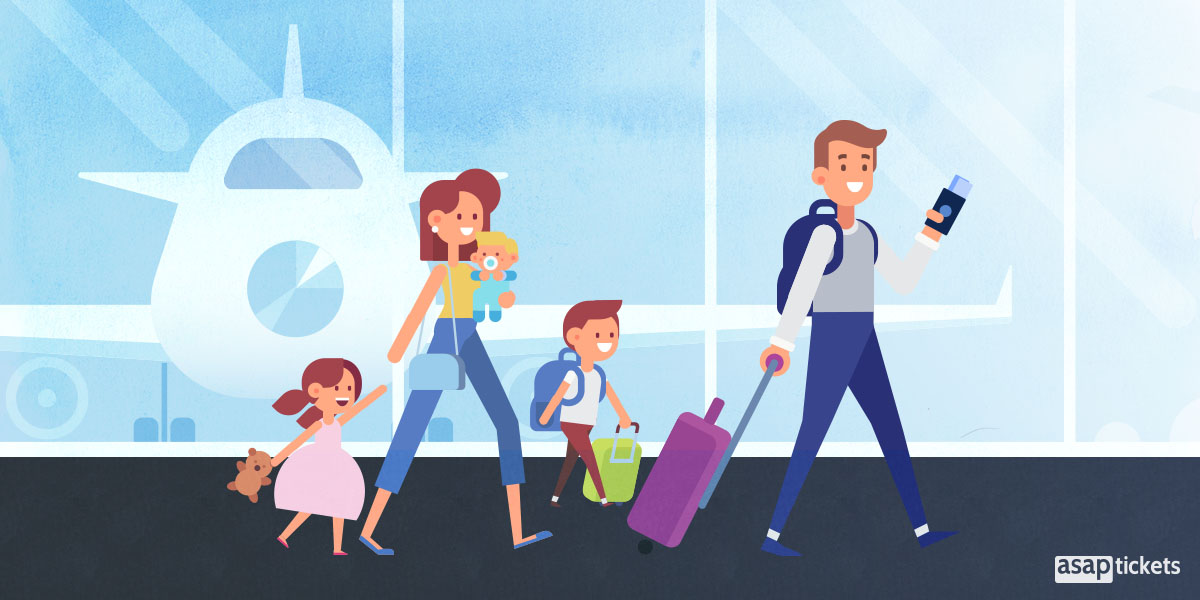 A happy family of four at the airport boarding gate ready to board their airplane for a vacation. - How to use a travel agent - Book with ASAP Tickets Travel Agency