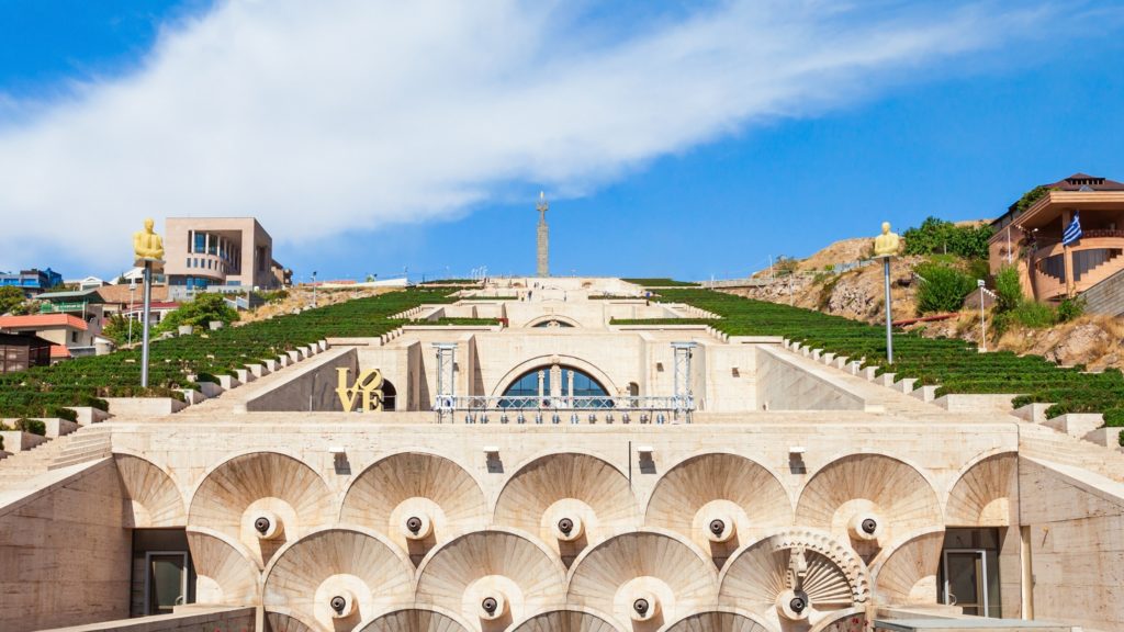 The Cascade Complex is a sweeping stairway of contemporary sculptures