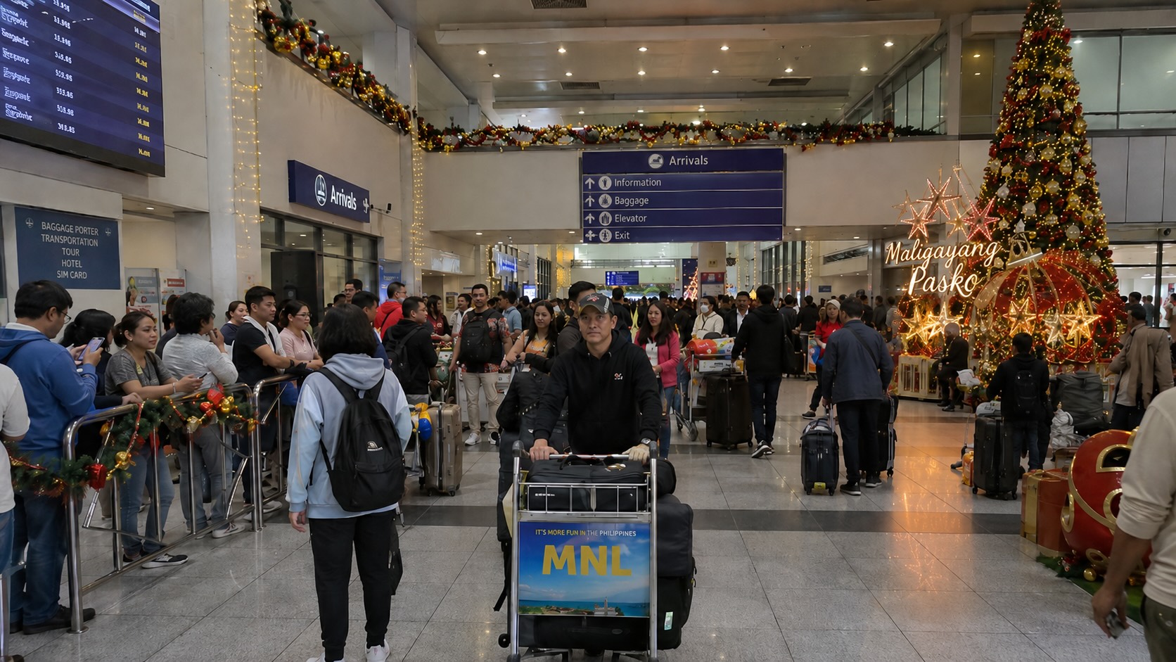 Travelers on Christmas flights to the Philippines arriving at a festive NAIA terminal