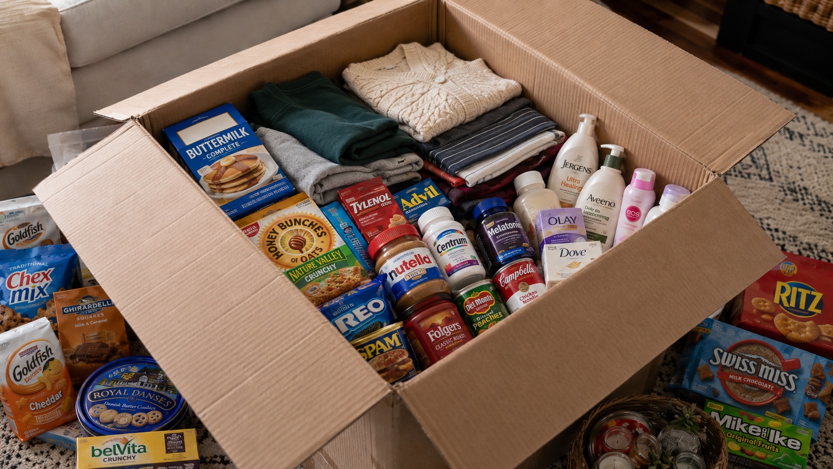 A lovingly packed balikbayan box surrounded by pasalubong