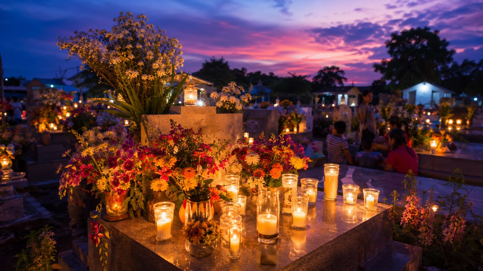 Families booking flights home for Undas gather to light candles at a Philippine cemetery
